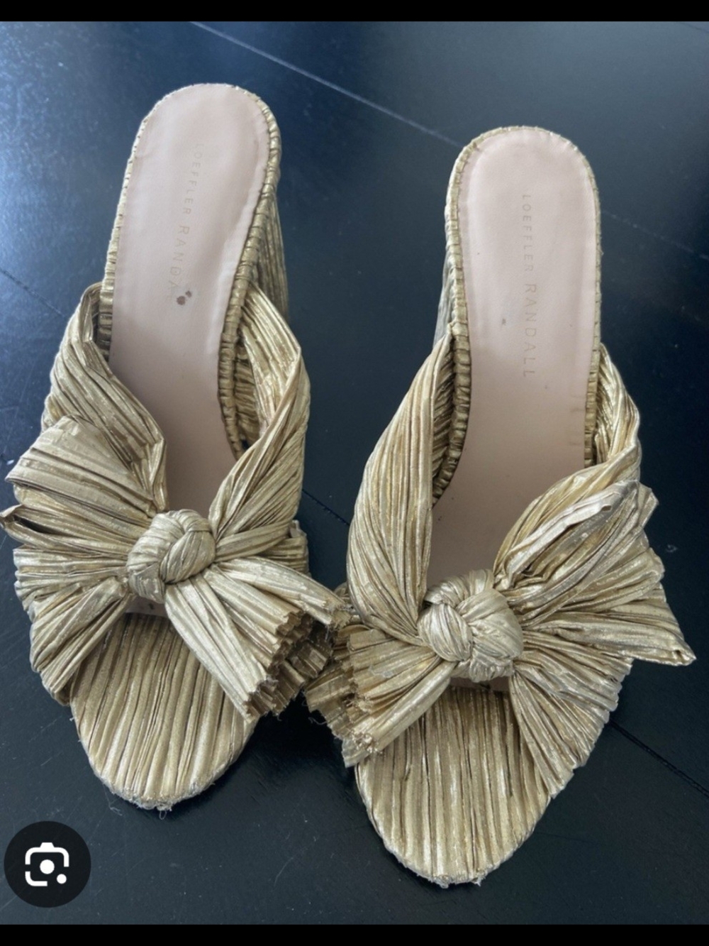 Loeffler Randall Gold Pleated Bow Mule Heels  Metallic Lamé Block Heel  SIZE 9.5